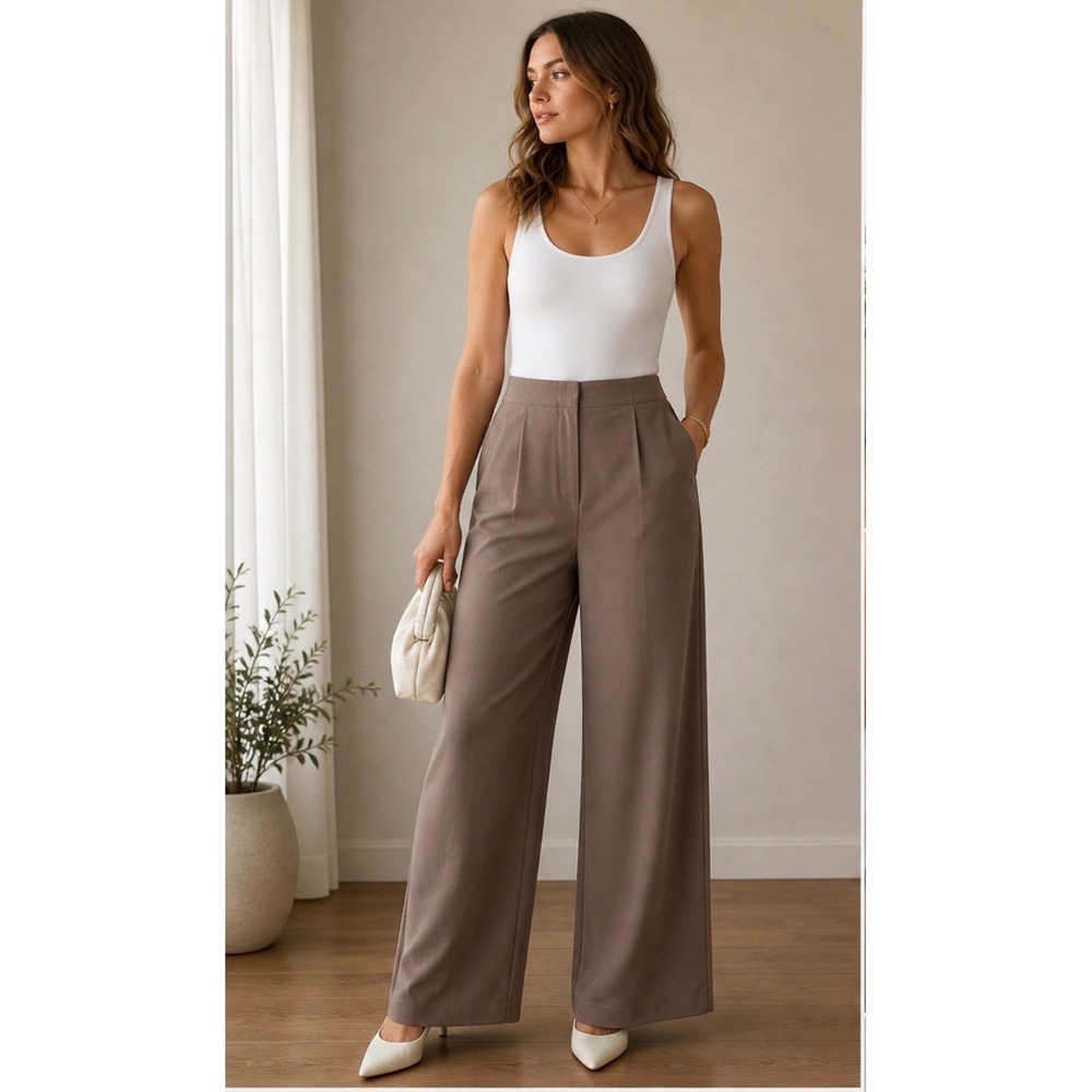 Nicole Miller Wide Leg Trousers L Beige High Rise Elastic Back Pants Minimalist
